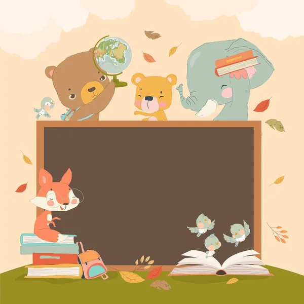 回到学校矢量图解 抱着书包的卡通动物人物形象和书本知识 阅读书籍或教科书 坐在黑板旁边 — 图库矢量图片