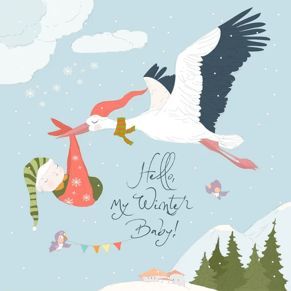 Cigogne Volant Dans Ciel Avec Bébé Carte Douche Bébé Illustration — Image vectorielle