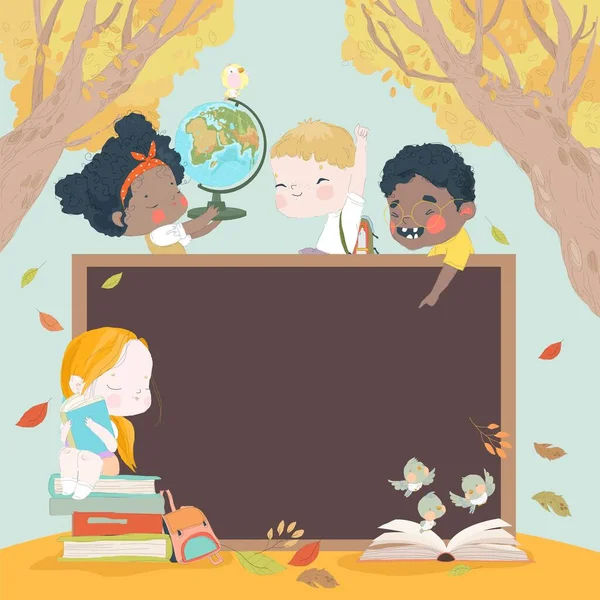 Повернення Ілюстрацій Шкільного Вектора Cartoon Children Holding Schoolbag Globe Learning — стоковий вектор