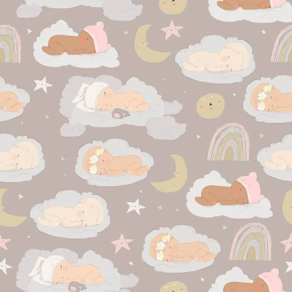 Vector Seamless Pattern Cute Babies Sleeping Clouds — Stock Vector