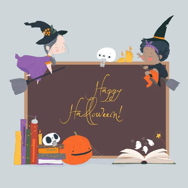 Vektorové Halloween Ilustrace Roztomilé Čarodějnice Dýně Magické Knihy — Stockový vektor