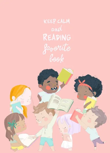 Glückliche Kinder Die Bücher Lesen Und Gemeinsam Lernen Vektorillustration — Stockvektor