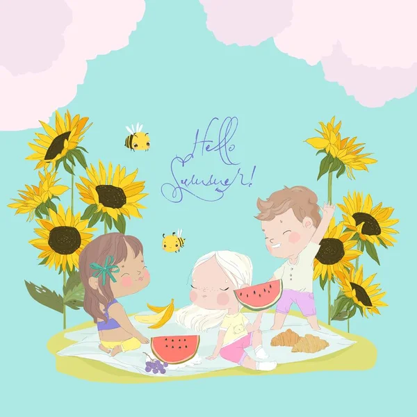 Nette Cartoon Kids Genießen Picknick Sonnenblumen Vektorillustration — Stockvektor