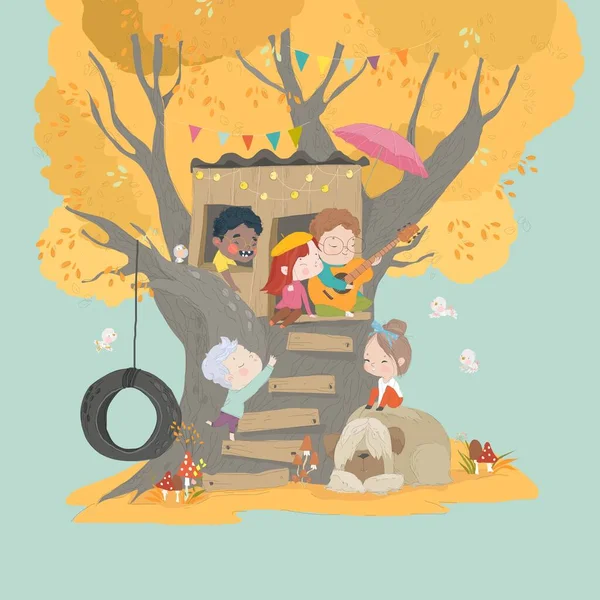 Grupo Niños Jugando Una Casa Árboles Autumn Park Ilustración Vectorial — Archivo Imágenes Vectoriales