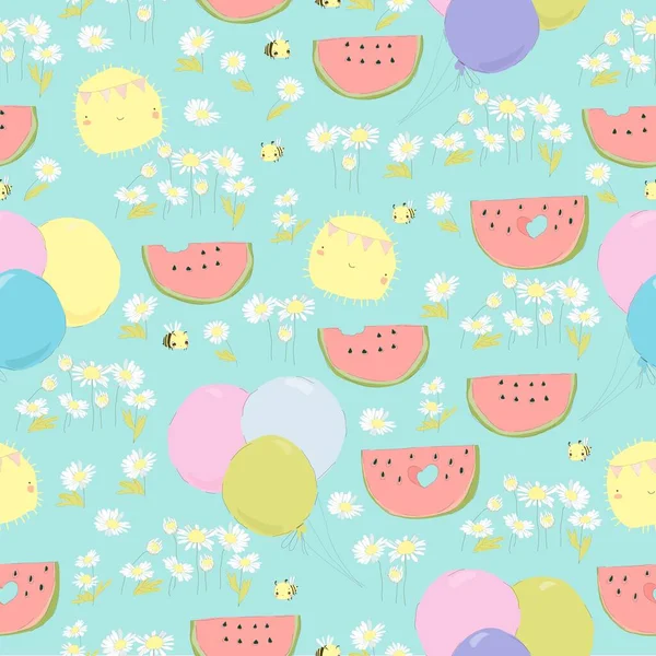 Vector Seamless Pattern Watermelons Balloons Chamomiles — Stock Vector