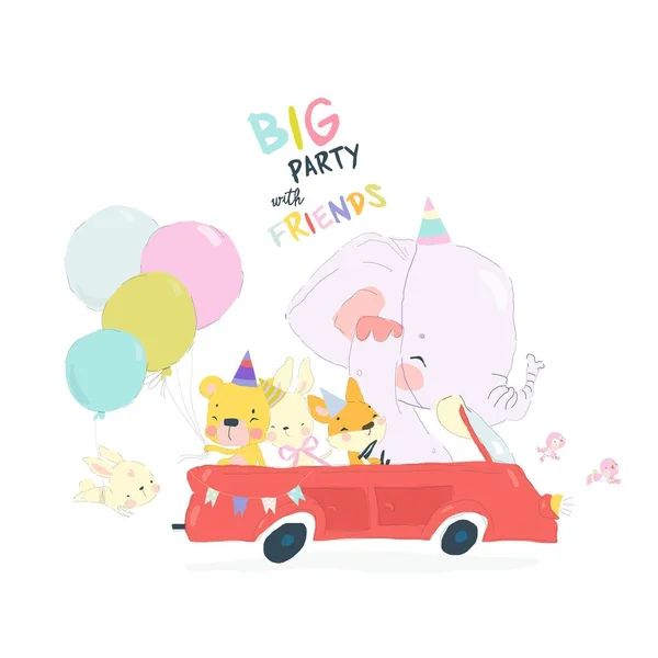 Födelsedag Party Gratulationskort Design Fox Elephant Lion Och Rabbit Rider — Stock vektor