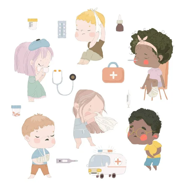 Γλυκά Παιδιά Ασθενείς Άρρωστα Παιδιά Κινουμένων Σχεδίων Λευκό Φόντο Εικονογράφηση — Διανυσματικό Αρχείο