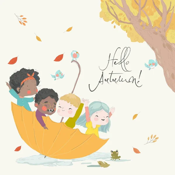 Cute Cartoon Kids Sitting Big Umbrella Hello Autumn Vector Illustration — Stock Vector