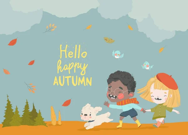 Happy Kids Corriendo Autumn Meadow Con Cute Dog Ilustración Vectorial — Archivo Imágenes Vectoriales