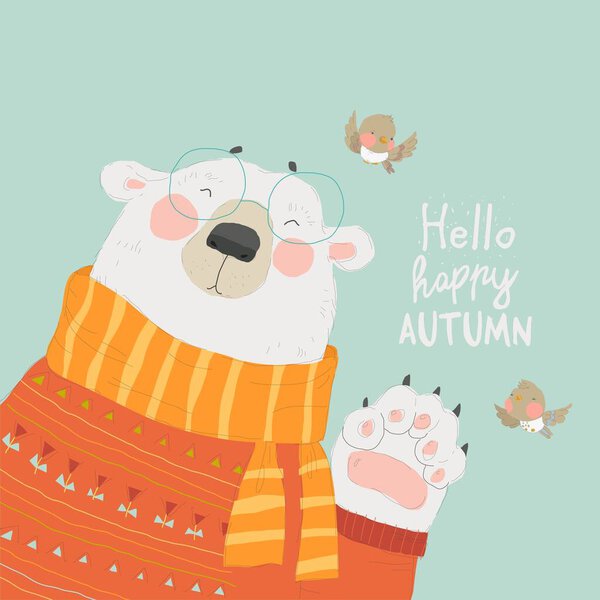 Cute Polar Bear wearing Cozy Sweater saying Hello Autumn. Vector Illustration