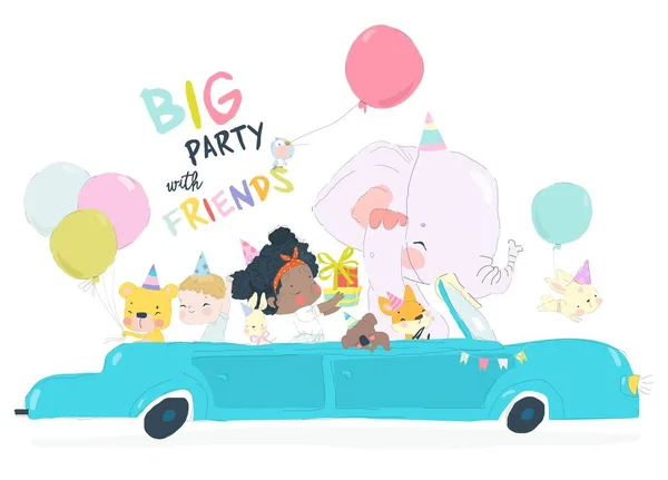 Aniversário Party Design Cartão Saudação Fox Elefante Leão Crianças Montam —  Vetores de Stock