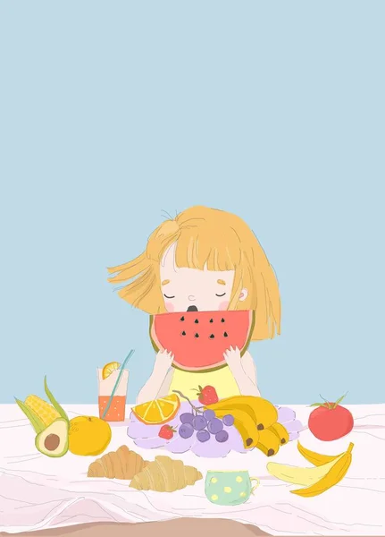 Happy Girl Eet Watermeloen Zomer Verse Voeding Vitamine Product Vector — Stockvector