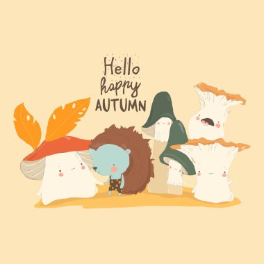 Şirin Kirpi 'li Komik Mantarlar. Merhaba Autumn. Vektör İllüstrasyonu