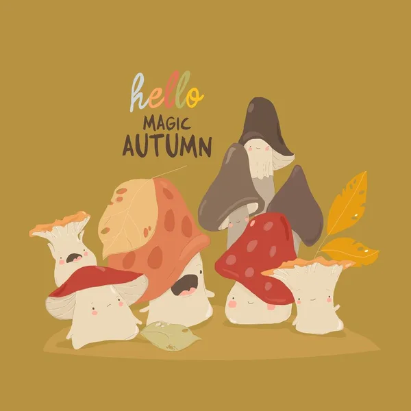 Desenhos Animados Cogumelos Engraçados Olá Autumn Ilustração Vetorial — Vetor de Stock