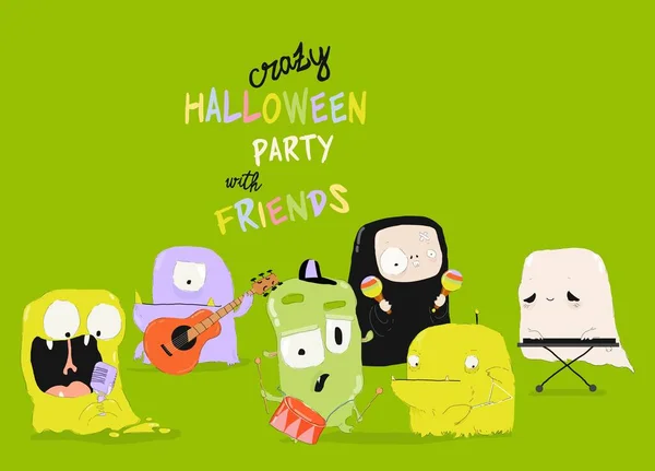 Monstros Engraçados Halloween Tocando Música Louca Ilustração Vetorial — Vetor de Stock