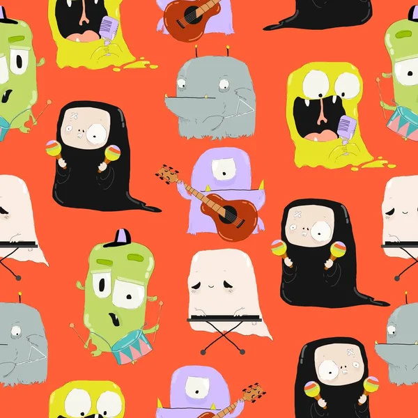 Vector Seamless Patterns Funny Halloween Monsters Band Играющим Веселую Музыку Векторная Графика