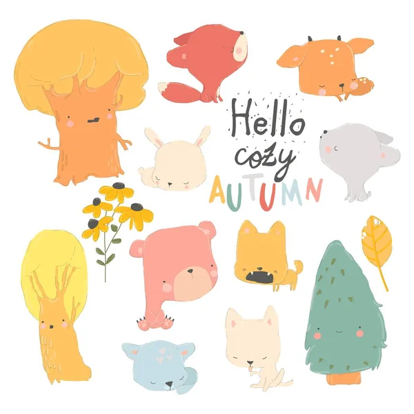 Cartoon Autumn Set Woodland Animals Trees Sada Vektorů — Stockový vektor