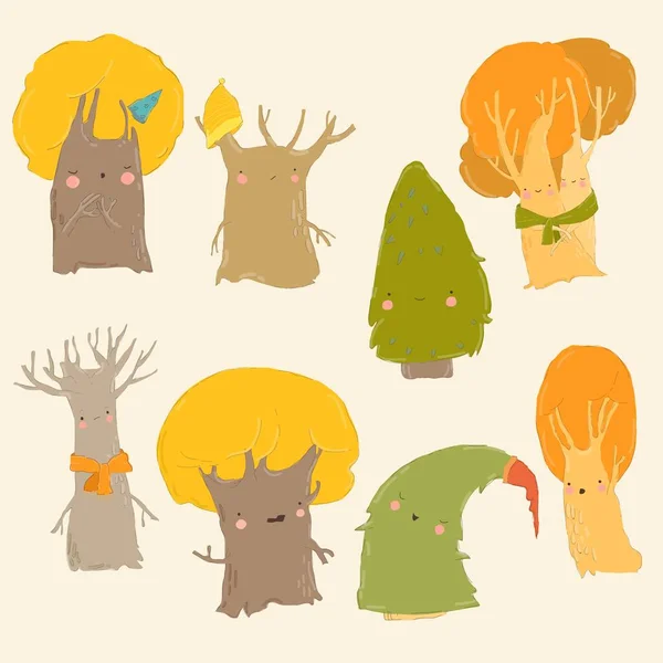 Cartoon Herbst Set Mit Niedlichen Bunten Bäumen Vektor Set — Stockvektor