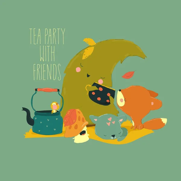 Dibujos Animados Vector Ilustración Tea Party Con Animales Lindos Amigos — Archivo Imágenes Vectoriales