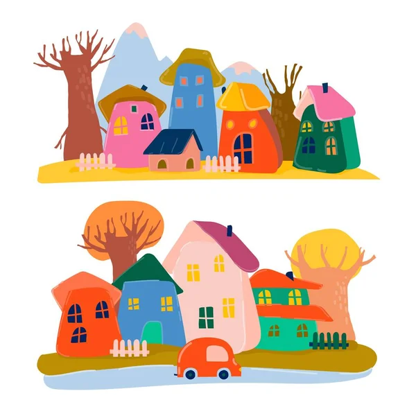可爱的卡通多彩的房子与秋天的树 病媒图解 — 图库矢量图片