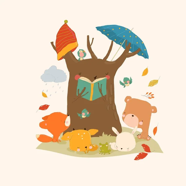 Kreskówka Śmieszne Drzewo Czytanie Książki Dla Zwierząt Cute Ilustracja Wektora — Wektor stockowy
