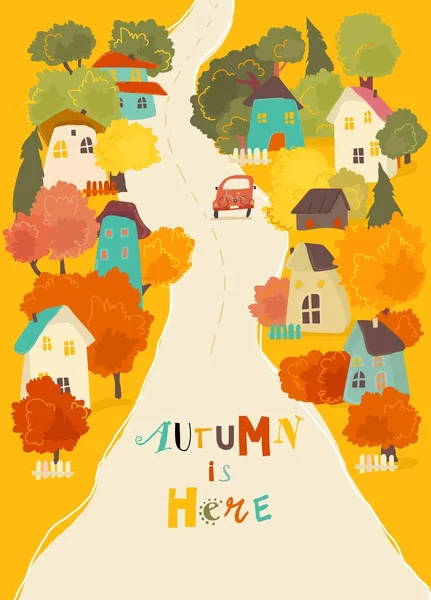 秋の木々とかわいい漫画のカラフルな家 ベクターイラスト — ストックベクタ