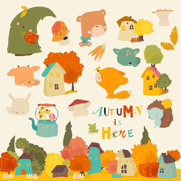 Cartoon Autumn Set Com Animais Árvores Floresta Conjunto Vetores — Vetor de Stock