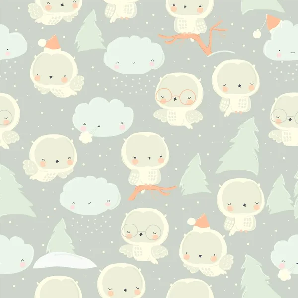 Vector Seamless Pattern Cute Snowy Owl Gray Background — Stock Vector