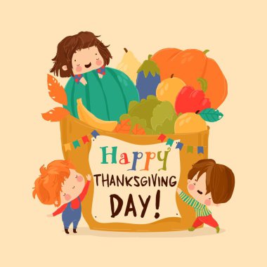 Cartoon Vector Thanksgiving Card with Kids and Basket full Vegetables and Fruits clipart