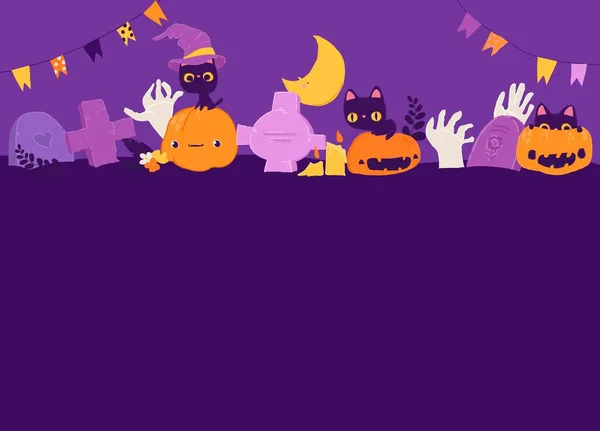 Bandeira Halloween Dos Desenhos Animados Vetoriais Com Abóbora Zumbis Gatos — Vetor de Stock