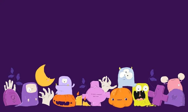 Bannière Halloween Bande Dessinée Vectorielle Avec Des Monstres Mignons Citrouille — Image vectorielle