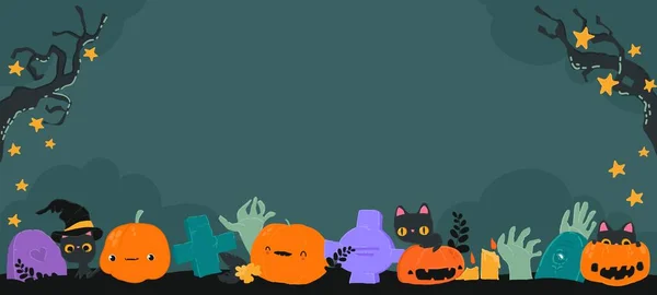 Vektorový Karikatura Halloween Prapor Dýní Zombie Kočky Hroby — Stockový vektor