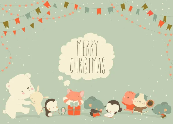 Lindos Animales Dibujos Animados Celebrando Navidad Ilustración Vectorial — Archivo Imágenes Vectoriales