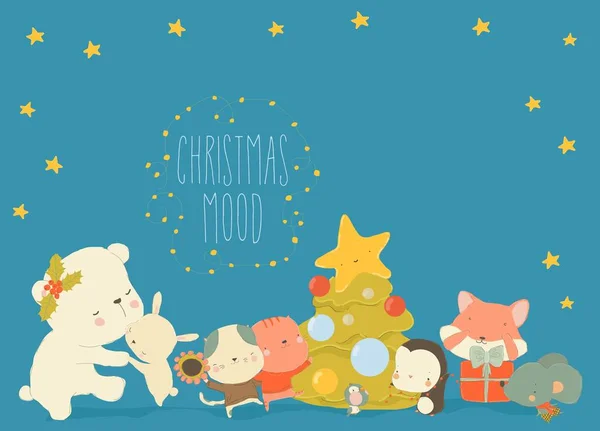 Lindos Animales Dibujos Animados Celebrando Navidad Ilustración Vectorial — Archivo Imágenes Vectoriales