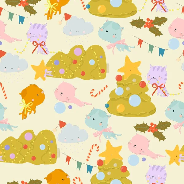 Vector Seamless Pattern Cats Dropped Christmas Tree — Stock Vector