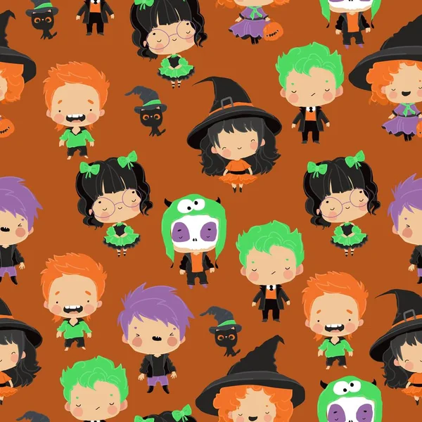 Vektor Bezešvé Vzor Roztomilé Děti Barevných Halloweenských Kostýmech — Stockový vektor
