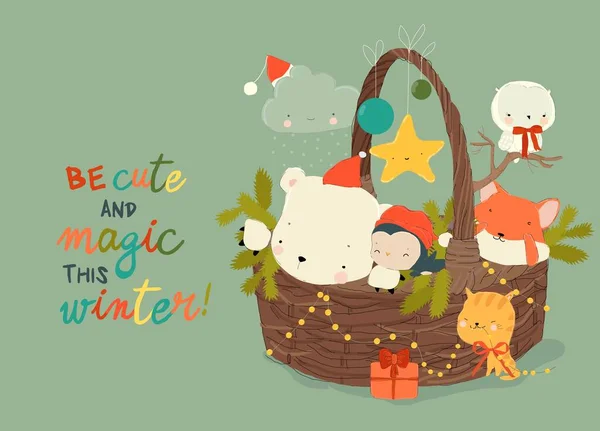 Aranyos Vicces Állatok Ülnek Karácsonyi Kosárban Vektorillusztráció Jogdíjmentes Stock Illusztrációk