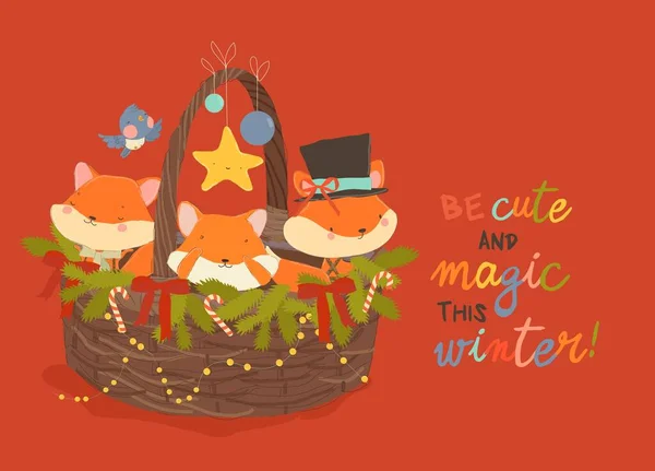 Aranyos Vicces Rókák Ülnek Karácsonyi Kosárban Vektorillusztráció Jogdíjmentes Stock Vektorok