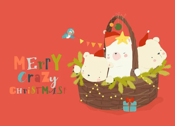 Χαριτωμένη Αστεία Πολικές Αρκούδες Κάθεται Στο Καλάθι Των Χριστουγέννων Εικονογράφηση — Διανυσματικό Αρχείο