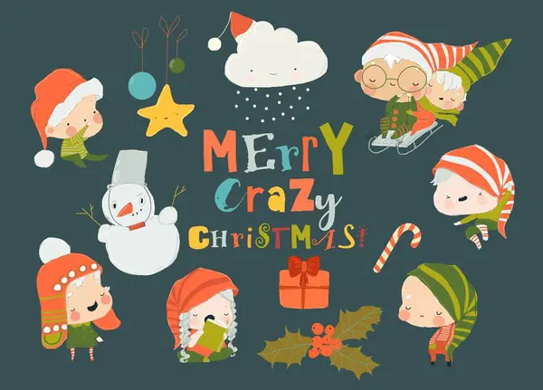 Aranyos Játékos Karácsonyi Manók Gyűjteménye Aranyos Mikulás Segédek Boldog Évet Stock Illusztrációk