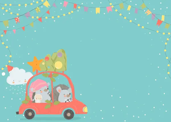 Κινούμενα Σχέδια Αστεία Σκαντζόχοιροι Οδήγηση Ένα Κόκκινο Αυτοκίνητο Χριστουγεννιάτικο Δέντρο — Διανυσματικό Αρχείο