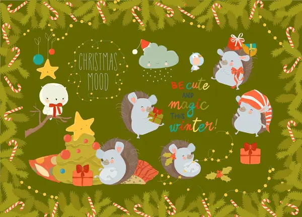 Ensemble Jolis Hérissons Noël Ludiques Bonne Année Joyeux Noël Élément Illustrations De Stock Libres De Droits