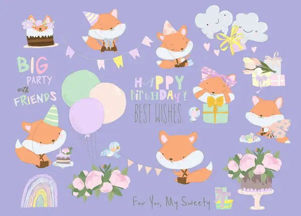 Cartoon Vector Születésnap Set Aranyos Rókák Édességek Ajándékok Jogdíjmentes Stock Illusztrációk