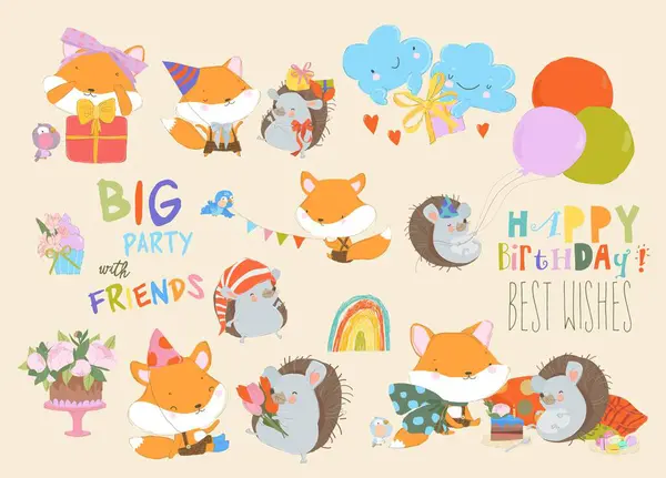 Cartoon Vector Születésnap Set Aranyos Állatok Édességek Ajándékok Jogdíjmentes Stock Vektorok