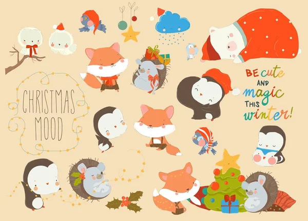 Vector Rajzfilm Készlet Vicces Állatok Karácsonyi Elemek Stock Vektor