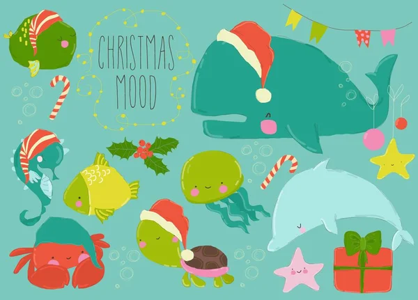 Vettoriale Cartoon Set Pesci Mondo Sottomarino Con Elementi Natale Illustrazione Stock