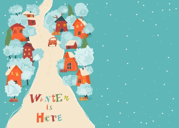 可爱的卡通五彩斑斓的房子 有冬树 病媒图解 矢量图形