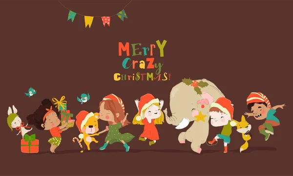 Ensemble Enfants Heureux Mignons Célébrant Noël Nouvel Joyeux Noël Élément Vecteur En Vente
