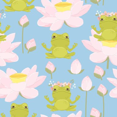 Şirin kurbağası olan Kusursuz Şekilsiz Vektör Lotus 'ta yoga yapıyor.