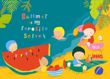 Deniz kıyısında çocuklar güneş banyosu yapıyor. Vektör İllüstrasyonu